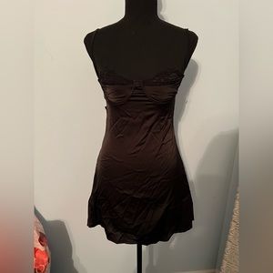 Black silky mini dress with lace trim